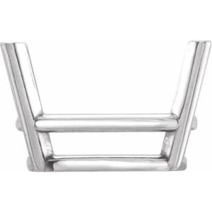 May include: A polished silver jewelry setting with a square base and two angled prongs. The setting has a horizontal bar for added support and is designed to hold a gemstone or other decorative element.