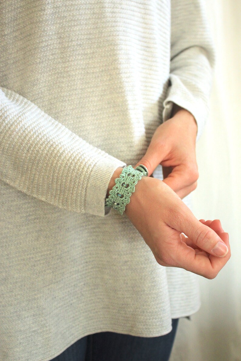 Hand-Crocheted Beaded Statement Bracelet Sage Crochet Lace Cuff Bracelet
