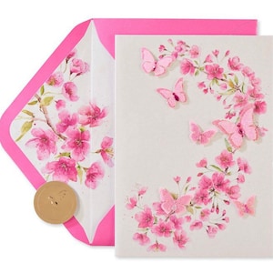 Tarjeta de felicitación de papiro con mariposas rosas brillantes (en blanco) (UNA) Nueva