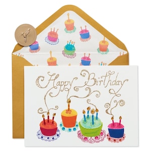 Cumpleaños - Pasteles con velas y gemas - Tarjeta de felicitación de papiro (UNA) Nueva