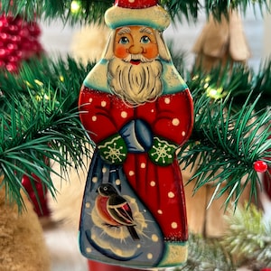 Folk Art Cottage Made Flat Wooden Santa  Figure Ornament