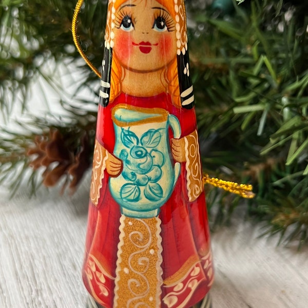 Folk Art Girl with Vase Wooden Matryoshka Ornament