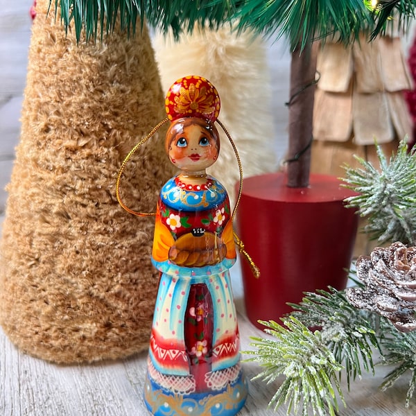 Folk Art Lady with Pie Cottage Made Wooden Ornament