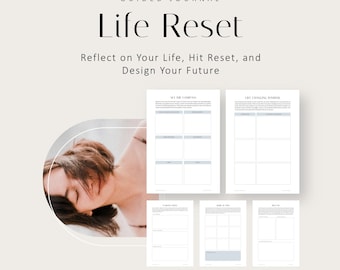 May include: A digital guided journal titled Life Reset with the subtitle Reflect on Your Life, Hit Reset, and Design Your Future. The layout includes five white printable pages with grid sections and a circular inset showing a person.