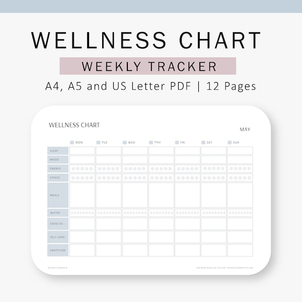Wellness Tracker, Weekly Chart, Digital Planner, Printable Template, Food Journal, Self care, Binder Inserts A4, A5, US Letter