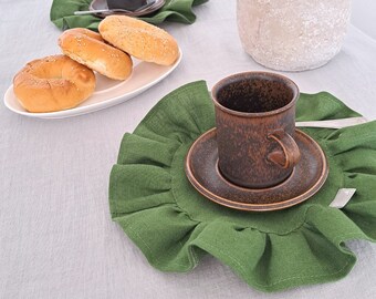 SET of  2 washed linen napkins with 2 inch ruffle, Handmade forest green round dinner napkins, Emerald eco napkins for table decor