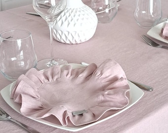 Prêt à expédier - LOT de 2/4/6 pièces de jolies serviettes en lin lavé avec volant de 5 cm, serviettes de table rondes faites main rose poudré pour une décoration de table