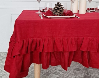 Double ruffle linen burgundy tablecloth/Custom cherry linen tablecloth/Stonewashed linen dark red tablecloth/Handmade flax tablecloth
