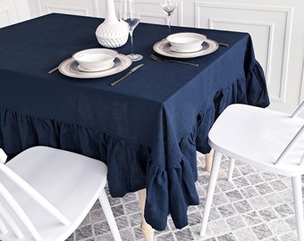 Linen Navy Blue Ruffled Tablecloth, Custom Tablecloth From Softened Stone-Washed Linen, Dark Tablecloth With Ruffle