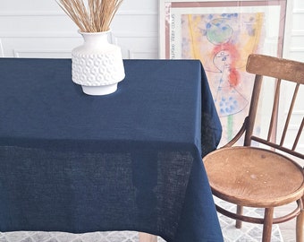 Squared Tablecloth From Dark Organic Linen, Handmade Navy Blue Boho Tablecloth, Eco-Friendly Soft Tablecloth From Stone Washed Linen