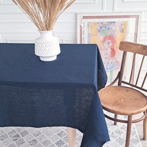 Squared Tablecloth From Dark Organic Linen, Handmade Navy Blue Boho Tablecloth, Eco-Friendly Soft Tablecloth From Stone Washed Linen