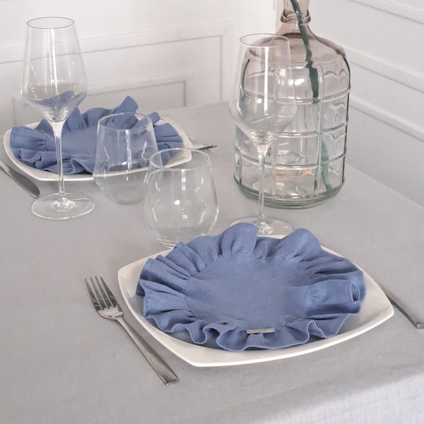 SET of  2/4/6pcs washed linen sky blue napkins with 2 inch ruffle, Handmade round dinner napkins, Zero waste vivid blue table decor napkins