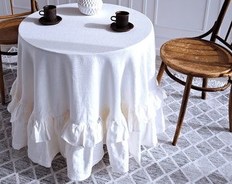 Round extra large tablecloth with double ruffle/Custom off white linen tablecloth/Soft handmade stonewashed linen tablecloth with ruffles