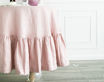 Oval ruffle handmade pastel tablecloth/Custom light pink linen tablecloth/Dusty rose stonewashed linen tablecloth/U.S. import taxes included
