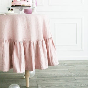Oval ruffled pastel tablecloth/Custom light pink linen tablecloth/Dusty rose stonewashed linen tablecloth/Handmade tablecloth with ruffle