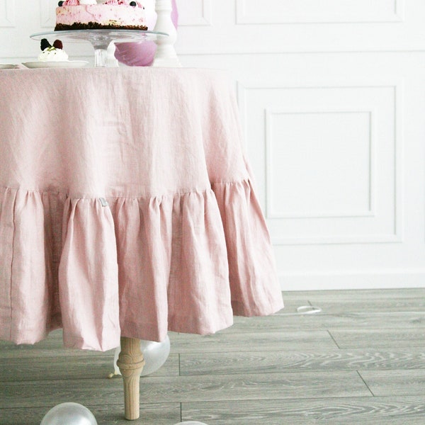 Extra large round ruffled dusty rose tablecloth / Custom soft pink linen tablecloth / Handmade linen off white tablecloth with ruffle