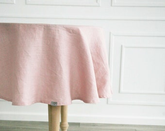 Round classic dusty rose tablecloth from stonewashed linen / Custom handmade light linen tablecloth / Pastel plain softened linen tablecloth