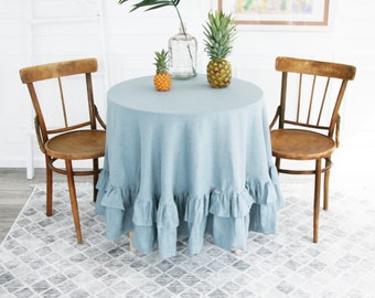 Round tablecloth with double ruffle/Custom pastel linen tablecloth/Soft stonewashed linen tablecloth/Handmade dark tablecloth with ruffles