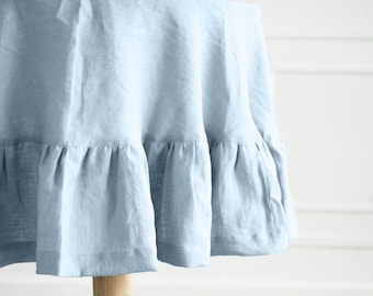 Round ruffled baby blue tablecloth/Custom pale blue linen tablecloth/Soft washed linen tablecloth/Handmade azure pastel ruffle tablecloth