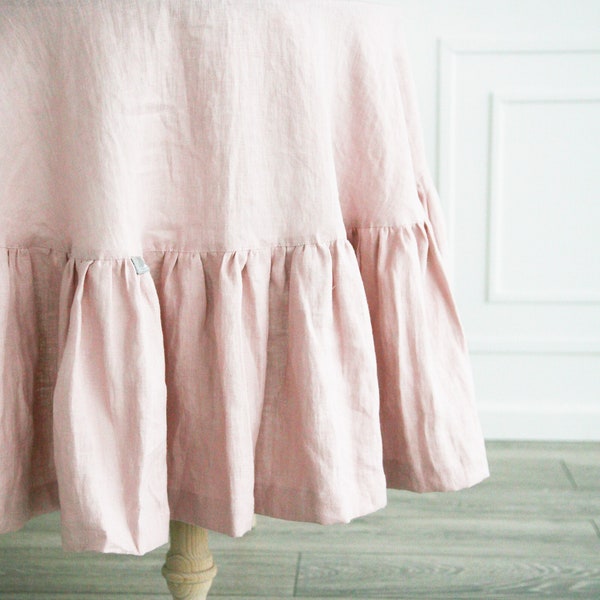 Round ruffled dusty rose tablecloth/Custom pink linen tablecloth/Soft washed linen tablecloth/Handmade light pastel tablecloth with ruffle