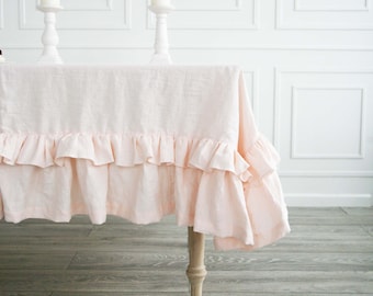 Dubbele ruffle lichtroze tafelkleed/aangepast pastellinnen tafelkleed/Stonewashed linnen tafelkleed/handgemaakt stoffig roze tafelkleed met ruche