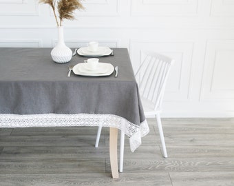 Anthracite Tablecloth From Eco-Friendly Linen With Lace 150x210cm/59x83in | Handmade Rustic Grey Tablecloth From Soft Stone Washed Linen