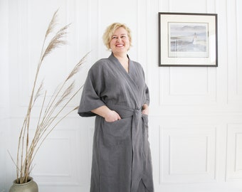 Stonewashed Linen kimono robe for women, Long linen wrap dress, Handmade kimono femme from organic linen with a bow, Soft eco unisex kimono