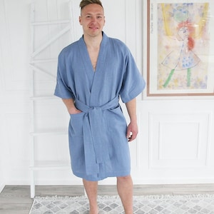 Mens kimono from soft stonewashed linen Mens kimono with wide sleeves and tie Custom handmade mens robe Light linen knee-length robe image 1