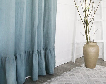 Rod pocket linen curtain with ruffle, stonewashed linen curtain, curtain panels from organic linen fabric, Handmade elegant sheer curtains