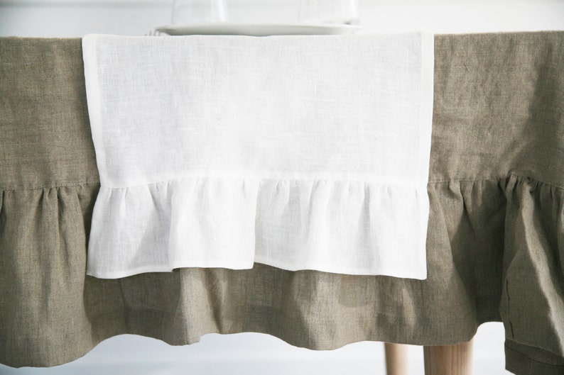 Ruffled table runner, custom table runner from organic linen fabric, boho table runner with ruffle, table base with ruffled ends image 7