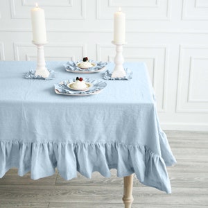 Linen Ruffled Baby blue Tablecloth | Custom Pastel Tablecloth From Soft Stone Washed Linen | Light blue Handmade Tablecloth With Ruffle