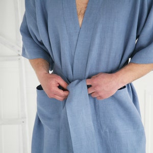 Mens kimono from soft stonewashed linen Mens kimono with wide sleeves and tie Custom handmade mens robe Light linen knee-length robe image 2
