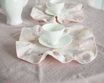 Set of 10"/25cm square linen napkins with 2inch/5 cm ruffle | Handmade elegant washed linen wedding napkins |  U.S. import taxes included