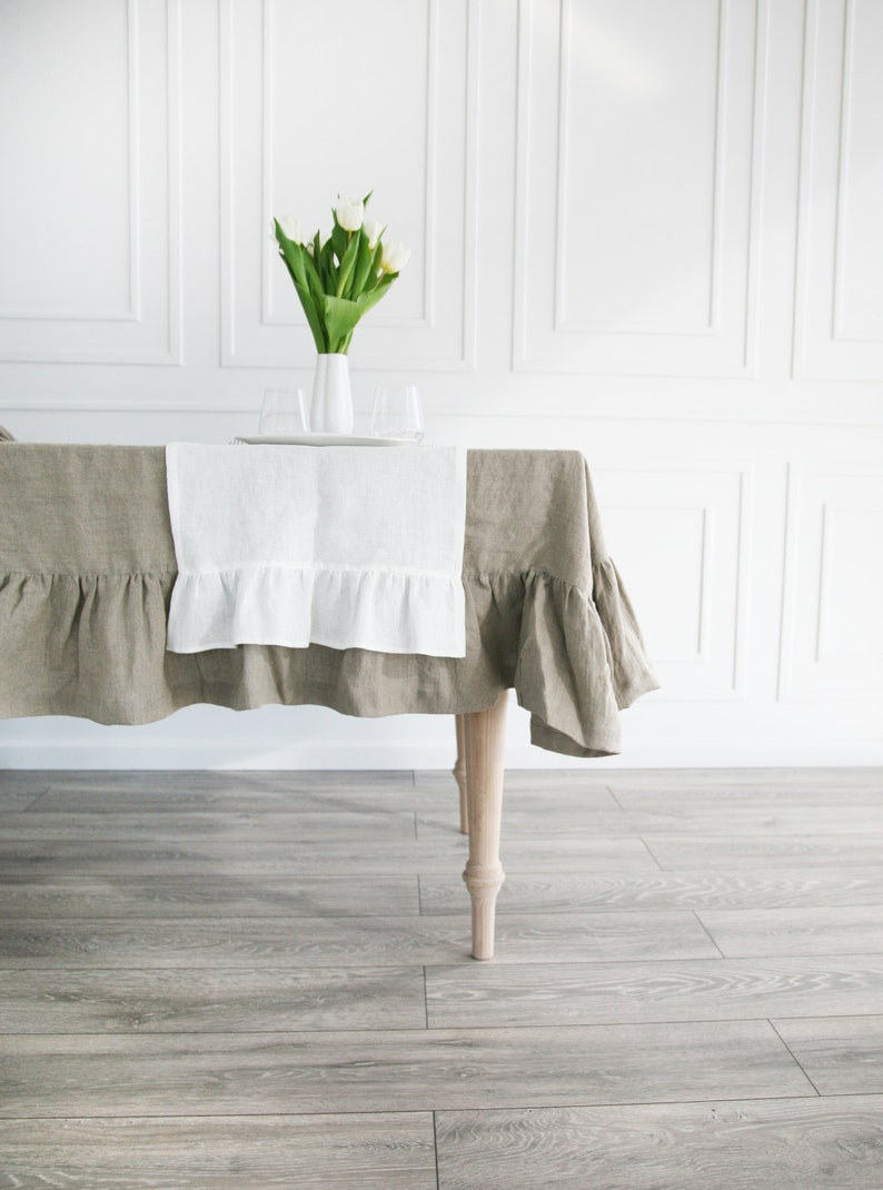 Ruffled table runner, custom table runner from organic linen fabric, boho table runner with ruffle, table base with ruffled ends image 1