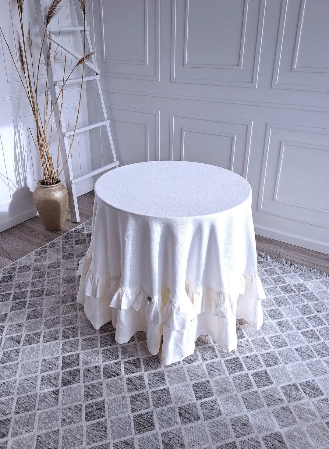 Round Extra Large Tablecloth With Double Ruffle/custom off White Linen Tablecloth/soft Handmade