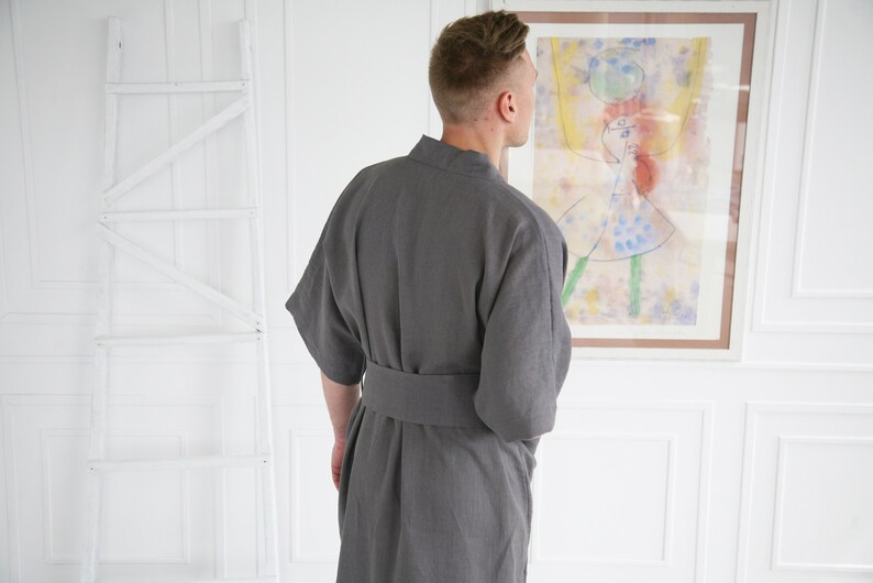 Custom handmade mens robe, Kimono boheme from soft linen, Soft mens bathrobe with 3/4 sleeves, Ankle-length cardigan from stonewashed linen image 3