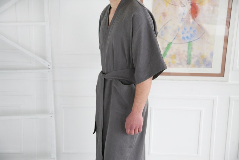 Custom handmade mens robe, Kimono boheme from soft linen, Soft mens bathrobe with 3/4 sleeves, Ankle-length cardigan from stonewashed linen image 6