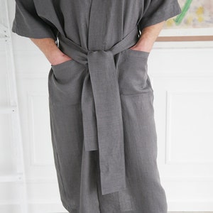 Custom handmade mens robe, Kimono boheme from soft linen, Soft mens bathrobe with 3/4 sleeves, Ankle-length cardigan from stonewashed linen image 7