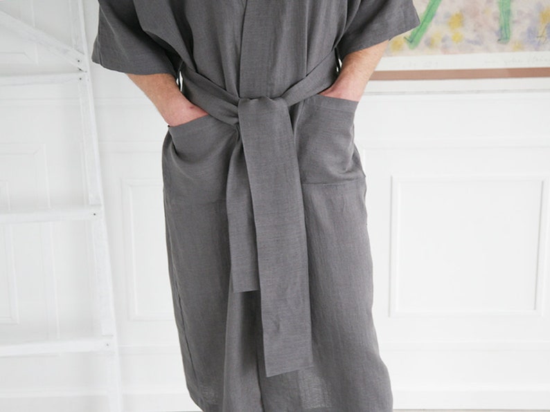 Custom handmade mens robe, Kimono boheme from soft linen, Soft mens bathrobe with 3/4 sleeves, Ankle-length cardigan from stonewashed linen image 7