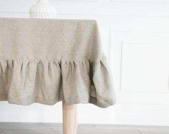 Square Ruffled Tablecloth From Linen, Custom Light Oatmeal Softened Stone-Washed Linen Tablecloth, Natural Handmade Tablecloth With Ruffle