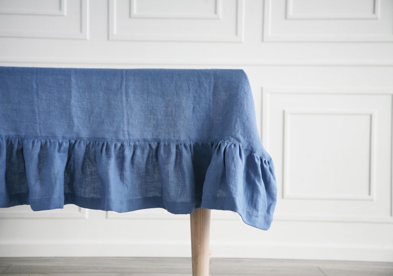 Linen Sky Blue Ruffled Tablecloth, Custom Dark Tablecloth From Softened Stone-Washed Linen, Navy Blue Tablecloth With Ruffle image 1