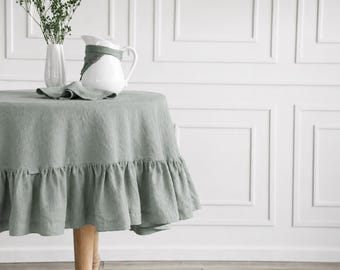 Sage Green Round Linen Tablecloth with 20 cm / 8 in Ruffle | Stonewashed Boho Soft Green Linen cloth | Custom Handmade cover