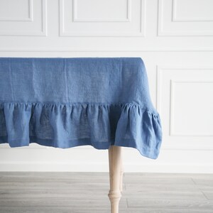 Linen Sky Blue Ruffled Tablecloth, Custom Dark Tablecloth From Softened Stone-Washed Linen, Navy Blue Tablecloth With Ruffle image 2