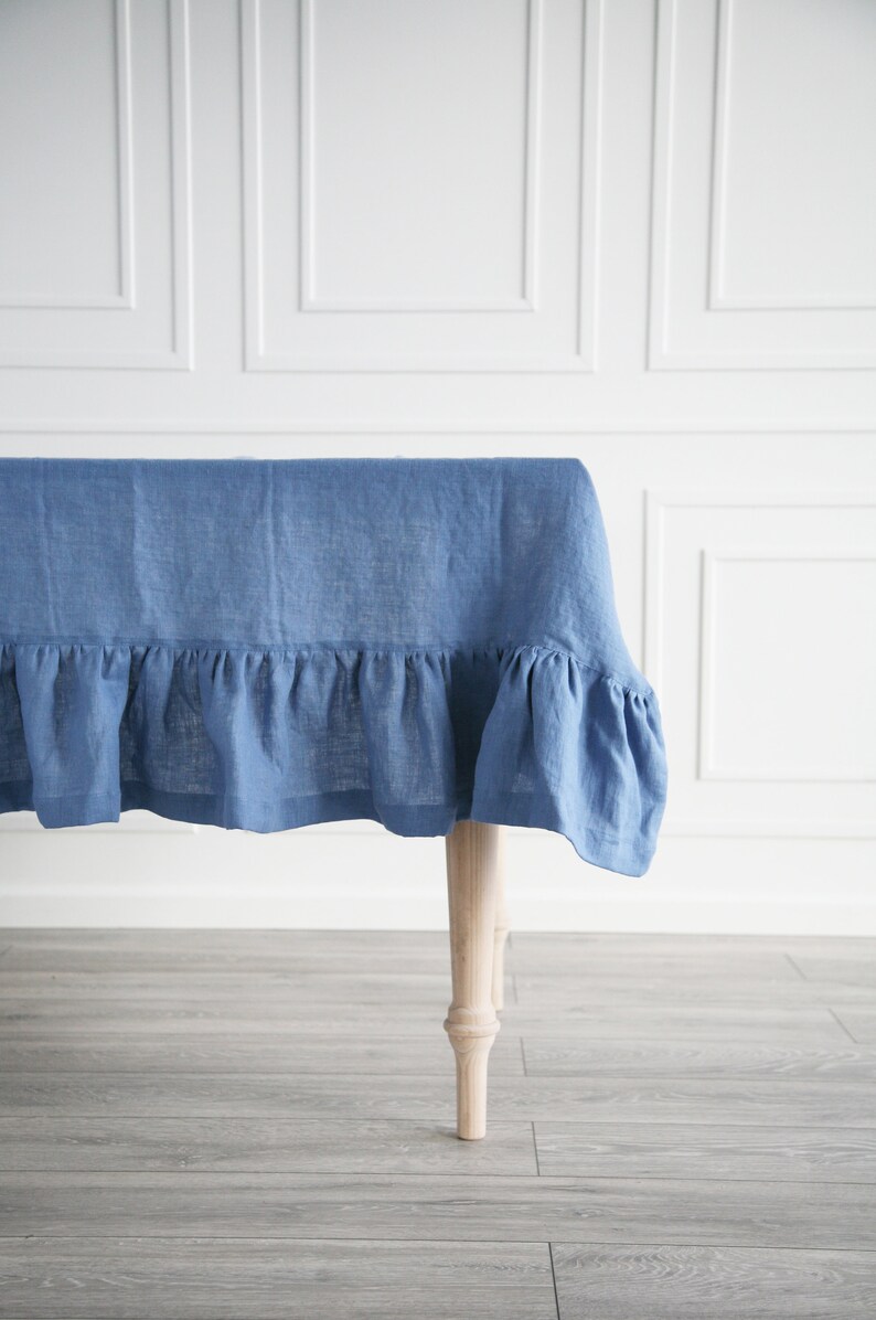 Linen Sky Blue Ruffled Tablecloth, Custom Dark Tablecloth From Softened Stone-Washed Linen, Navy Blue Tablecloth With Ruffle image 2