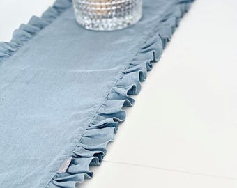 Ruffled linen table runner 13x57’’ 35x145cm | Handmade stone washed linen •sky •baby •aqua blue | Boho linen table decor base with ruffle