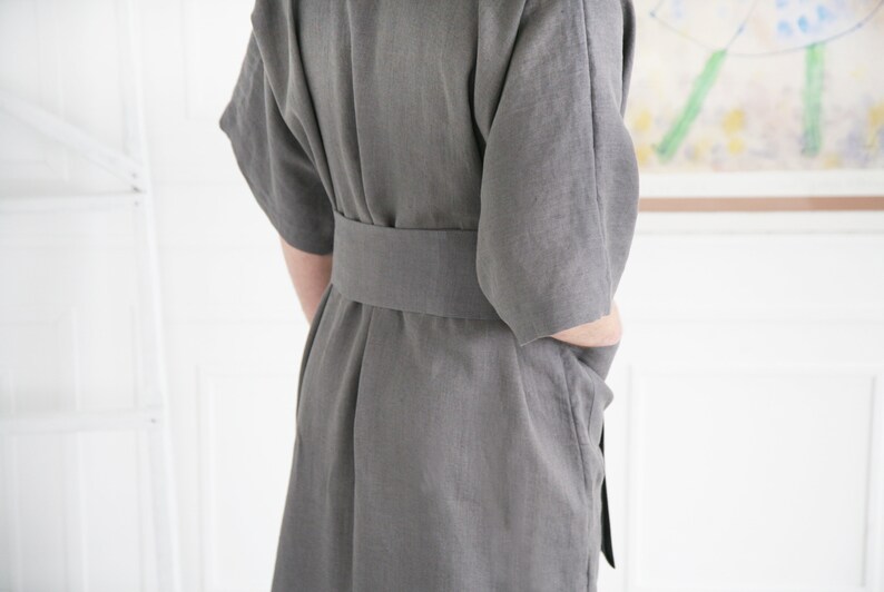 Custom handmade mens robe, Kimono boheme from soft linen, Soft mens bathrobe with 3/4 sleeves, Ankle-length cardigan from stonewashed linen image 2