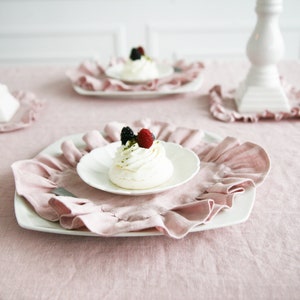 Linen Ruffled Dusty Rose Tablecloth Custom Pastel Tablecloth From Soft Stone Washed Linen Pink Handmade Tablecloth With Ruffle image 3