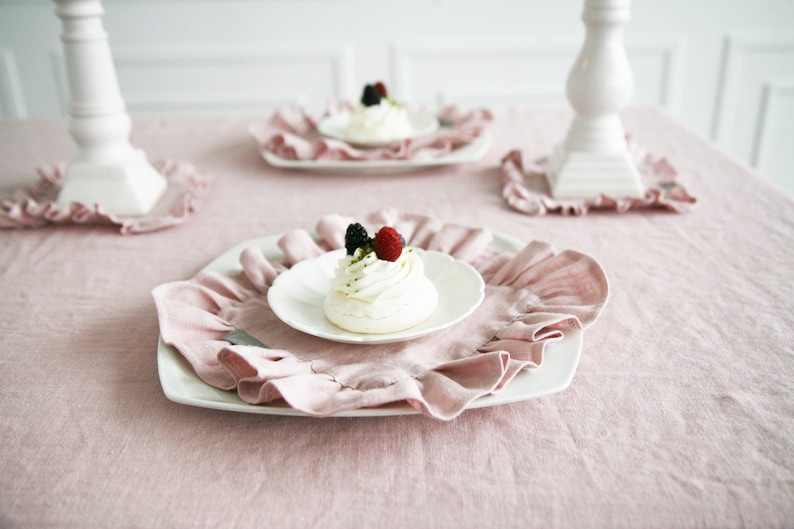 Linen Ruffled Dusty Rose Tablecloth Custom Pastel Tablecloth From Soft Stone Washed Linen Pink Handmade Tablecloth With Ruffle image 3