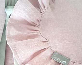 SET of  10" washed linen napkins with 2" ruffle | Handmade dusty rose round dinner napkins | Zero waste napkins for wedding table decor