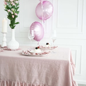 Linen Ruffled Dusty Rose Tablecloth Custom Pastel Tablecloth From Soft Stone Washed Linen Pink Handmade Tablecloth With Ruffle image 7